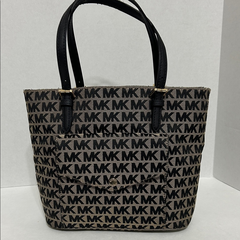 Michael Kors Black and Brown MK Logo Tote with Front Pocket - Picture 11 of 12